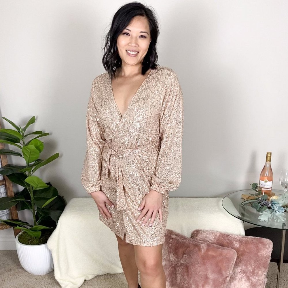 Rose gold sequin wrap dress M
